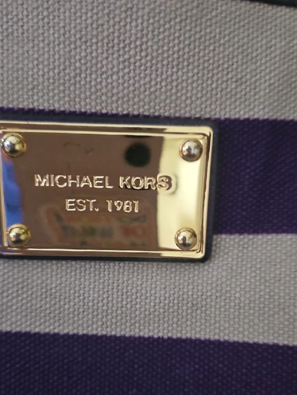 Michael Kors Striped Purple and Cream Tote with Gold-Tone Plaque - Picture 5 of 15